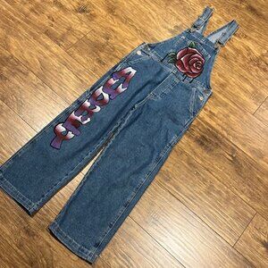 Audrey personalized name painted on Zara denim overalls